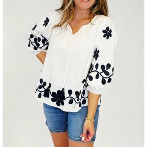 easel White Peasant Blouse with Black Floral Embroidery